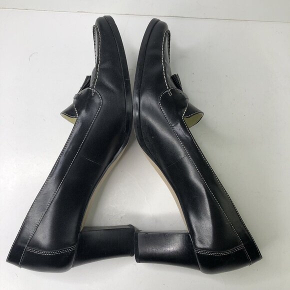 Ralph Lauren Black Leather Shoes Size 9 B Heeled Loafers Block Heels Bow Slip On - Picture 7 of 10